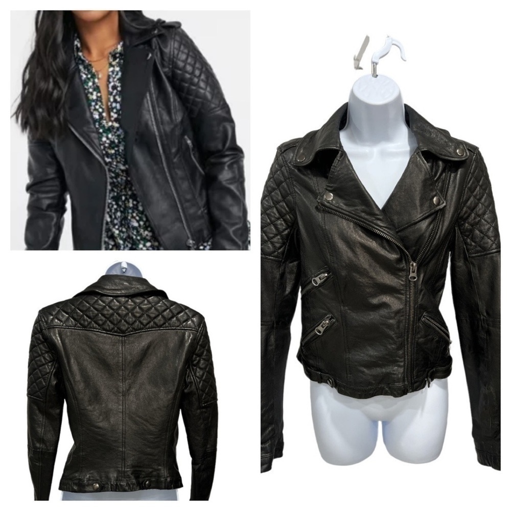 ZARA 100% Black Lamb Leather Jacket Women’s Size S Moto Zip Quilted